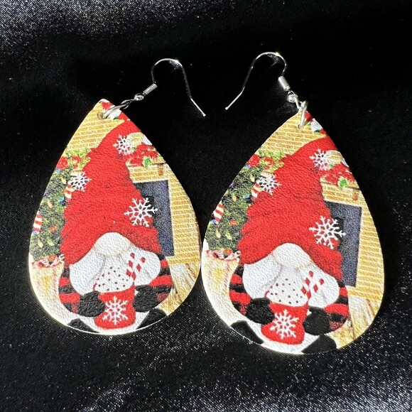 HOLIDAY Santa with Cocoa Teardrop Dangle Drop Earrings 2 sided Jewelry NEW 3” - Picture 3 of 9